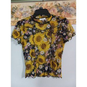 Persaya Small Sheer Floral Sunflower Daisy Colorful Fun Stretch Lightweight Top